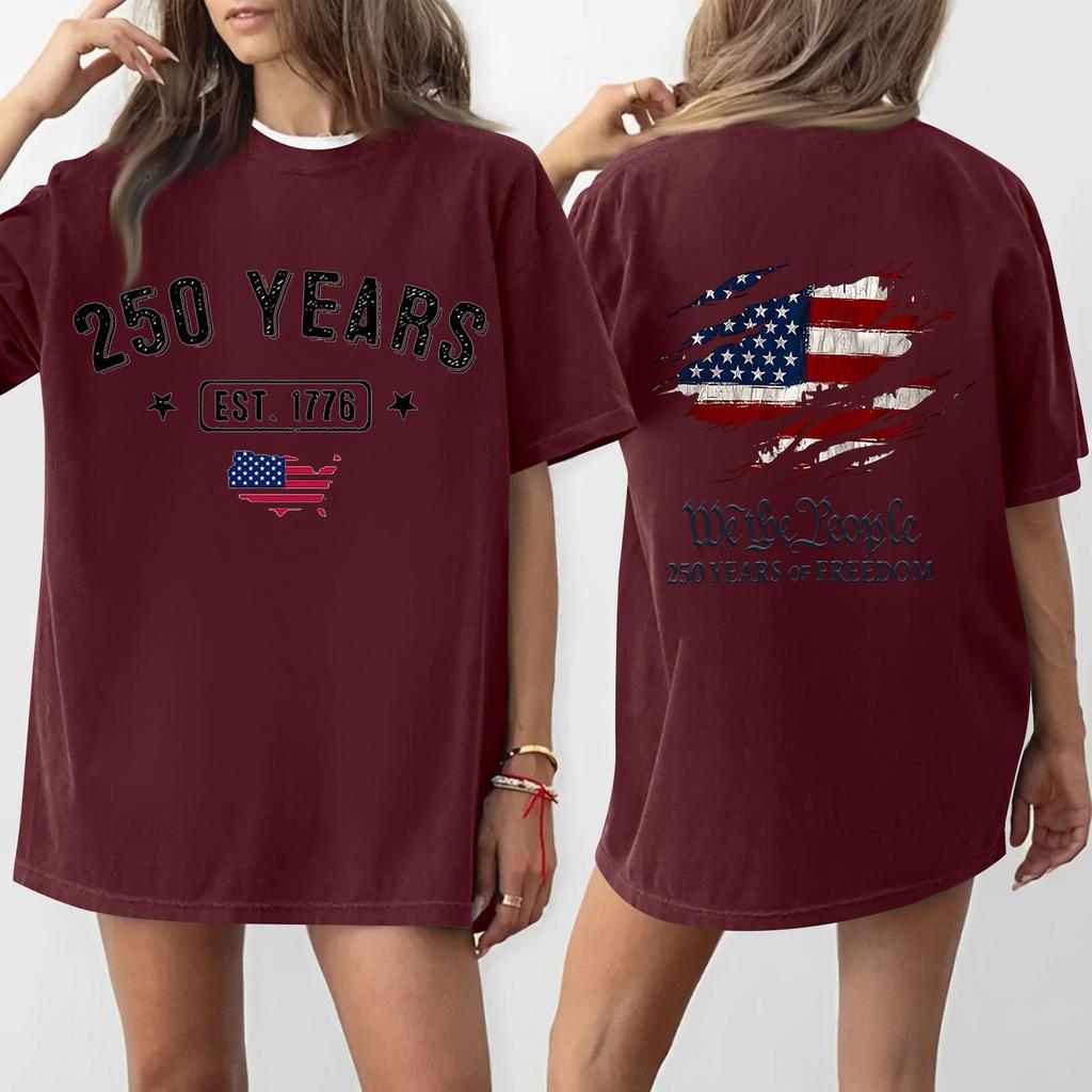 Women's Casual Independence Day 250 Anniversary Printed T-shirt Round Neck Pullover Short Sleeve Top