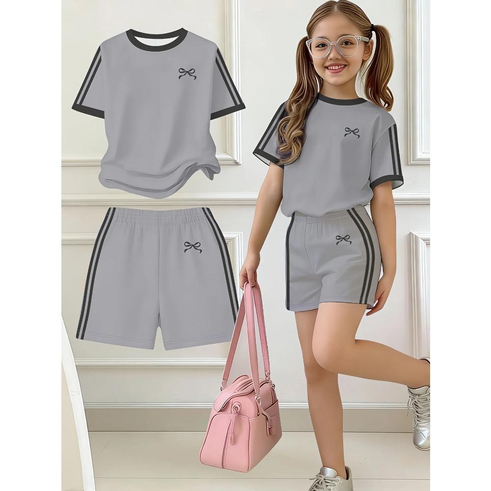 Kids Clothes, Girls 2pcs Set, Easy Bow Print Short Sleeve T-Shirt and Shorts Set, Suitable for Spring and Summer, Y2K Fashion Clothing