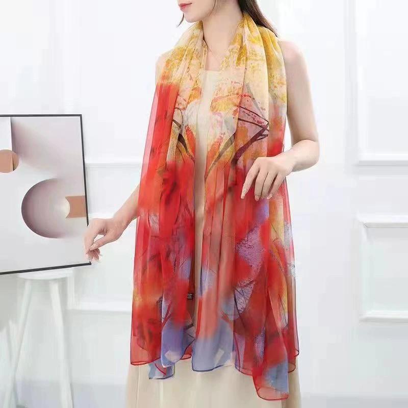 Silk Scarf Folral Women Summer Hijab Luxury Print Sunscreen Shawl Wraps Bandana Ladies Head Scarves Large Foulard Echarpe