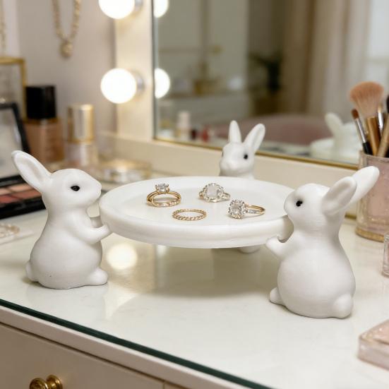 Kaninchen Aufbewahrungsschale 3D Gedruckte Statue mit Weißem Kaninchen Schale Schlüssel Ohrringe Schmuck Ausstellungsständer