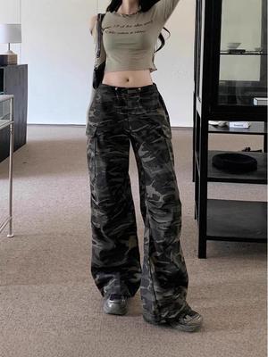 Ancola Röd Vintage Camo Dragskos Arbetsbyxor – Unisex Raka Casual Byxor