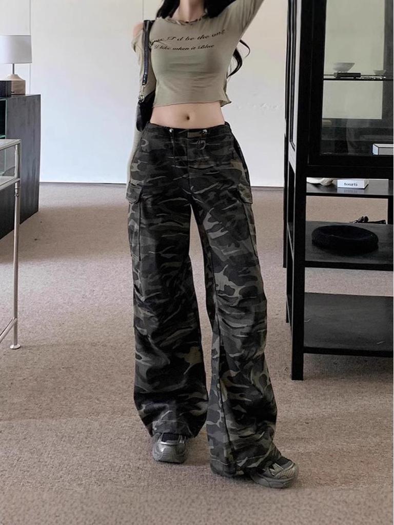 Ancola Röd Vintage Camo Dragskos Arbetsbyxor – Unisex Raka Casual Byxor