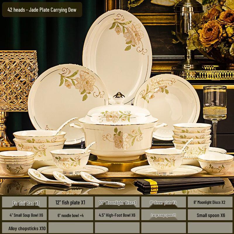 Цзиндэчжэньский костяной фарфор 42 предмета - Тарелка  Нефрит, несущий росу