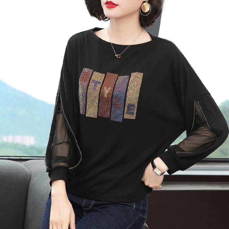 New Spring and Autumn Fashion Commuting Simple Round Neck Hot Diamond Design Feel Sleeves Loose and Casual Oversize T-shirt