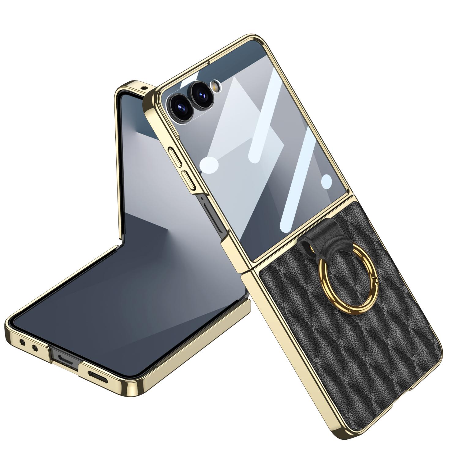 

Luxury Diamond Leather Ring Holder Case for Samsung Galaxy Z Flip 7 6 5 Screen Glass Plating Edge Cover for Galaxy Z Flip7 Case Choose Phone Model&Galaxy Z Flip7 чёрный