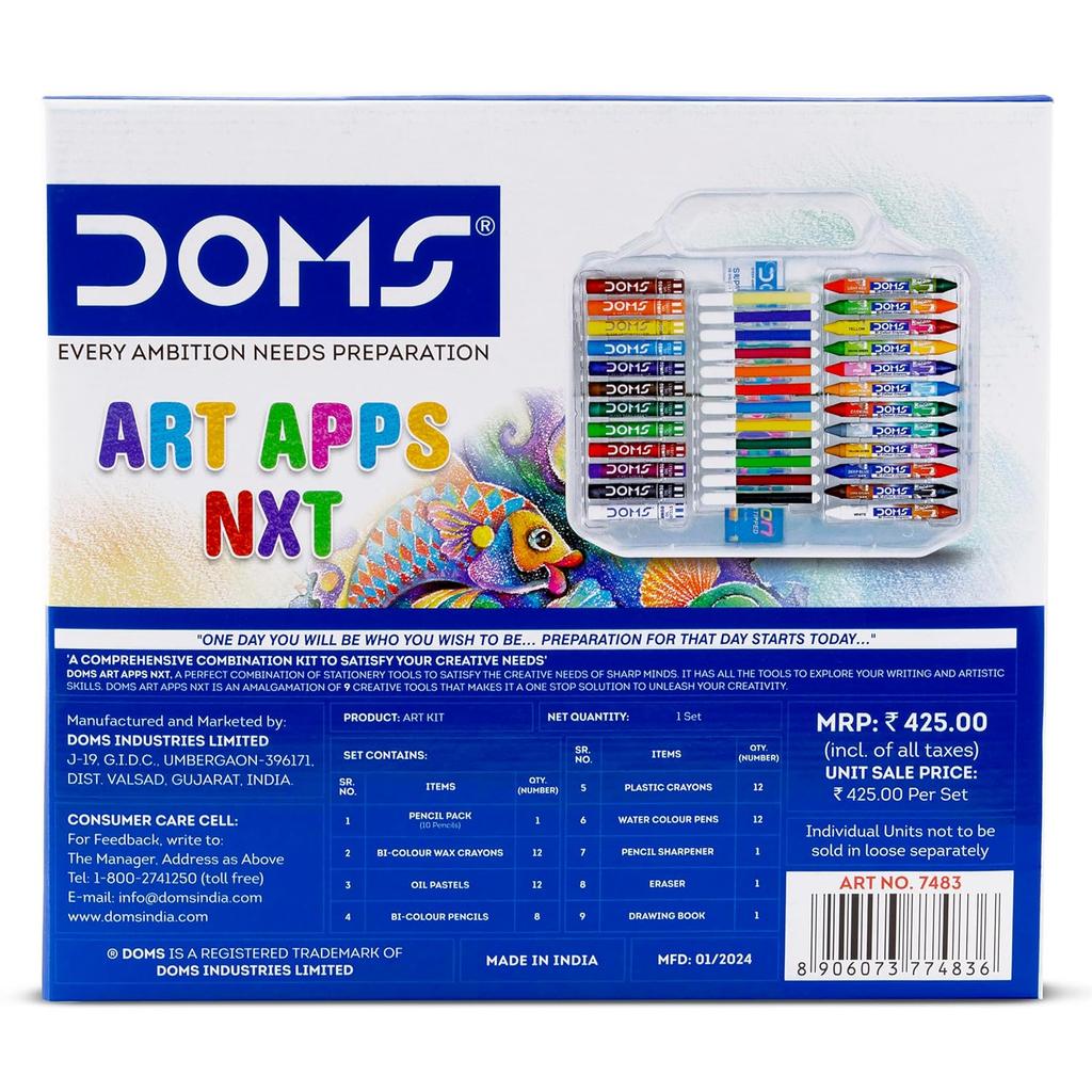 Doms Art Apps Nxt Kit with Plastic Carry Case School Art & Craft Stationery Set for Kids Gifting 9 In 1 Creative Kit