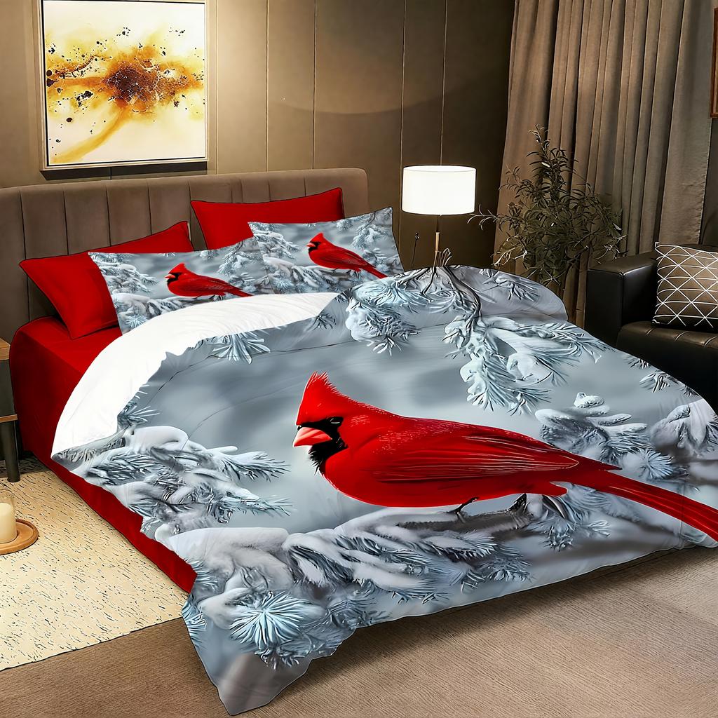 Comforter 3Pcs Red Bird Winter Snow Ultra Soft Comfortable Breathable Bedding Animal Theme For Bedroom