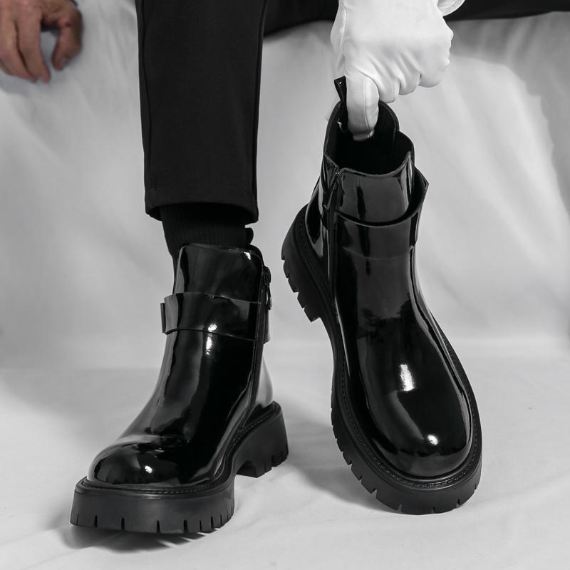 Fashion Casual Chelsea Boots Men Mid Calf Dress Shoes Business Formal Patent Leather Slip-On Ankle Boots Fashion High Top Leather Shoes