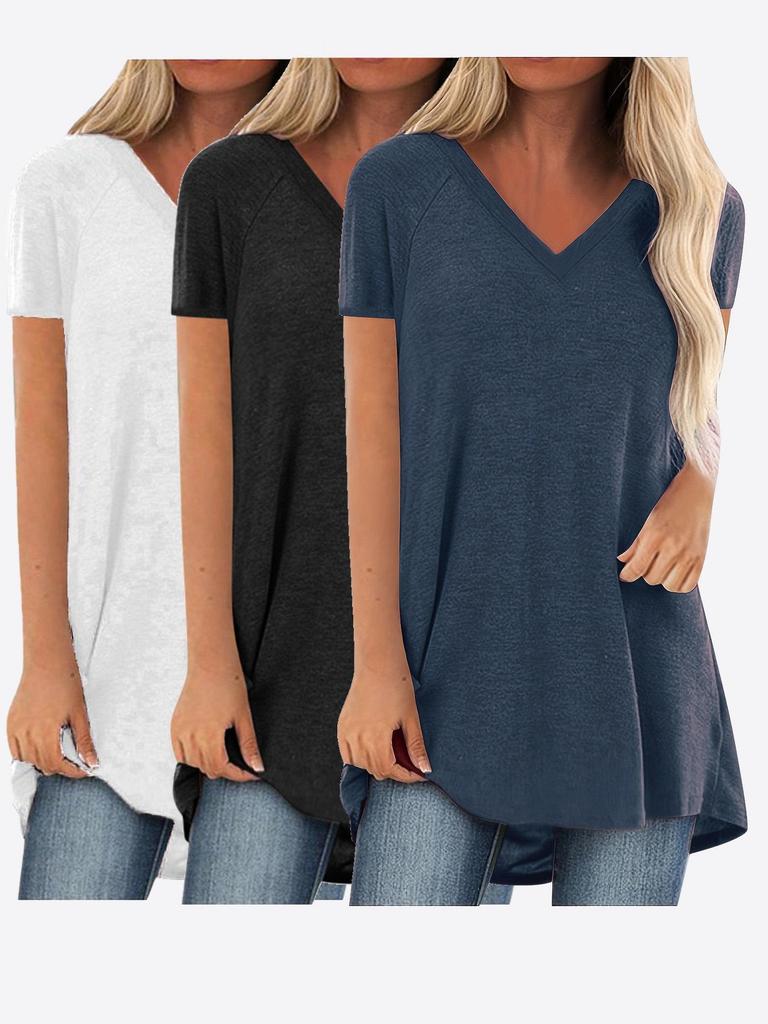 Women's V-Neck Swallowtail Short-Sleeved T-Shirt Set - 3 Pieces, Daily Casual Wear