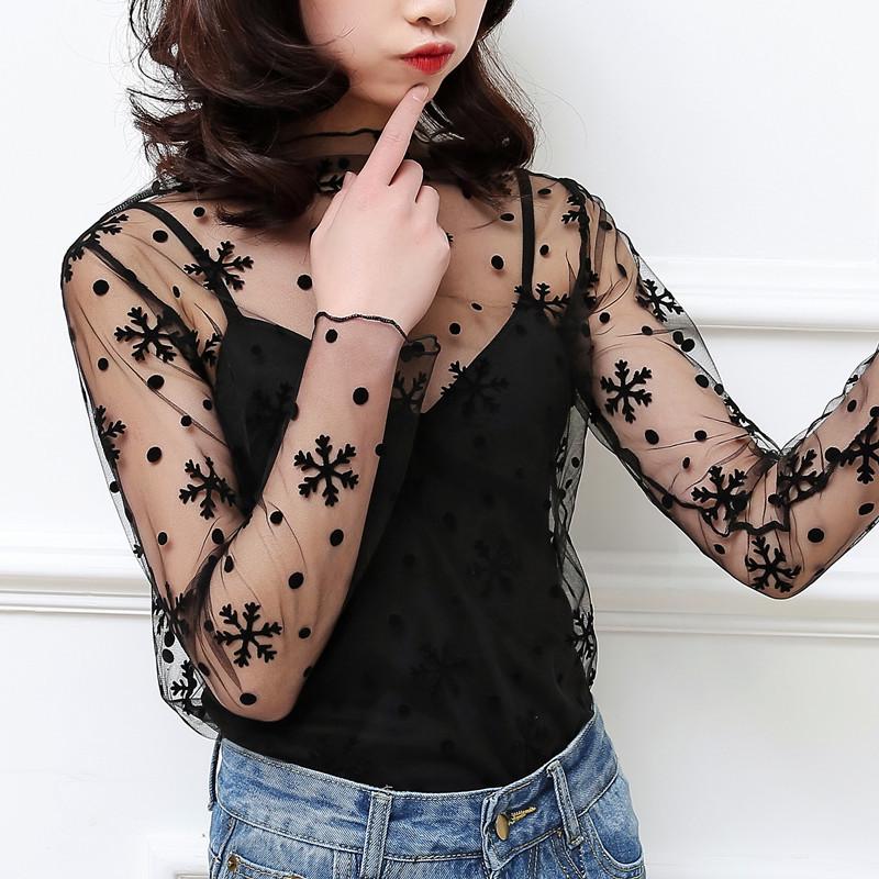 Dámský top s dlouhým rukávem z průsvitné černé síťoviny v korejském stylu