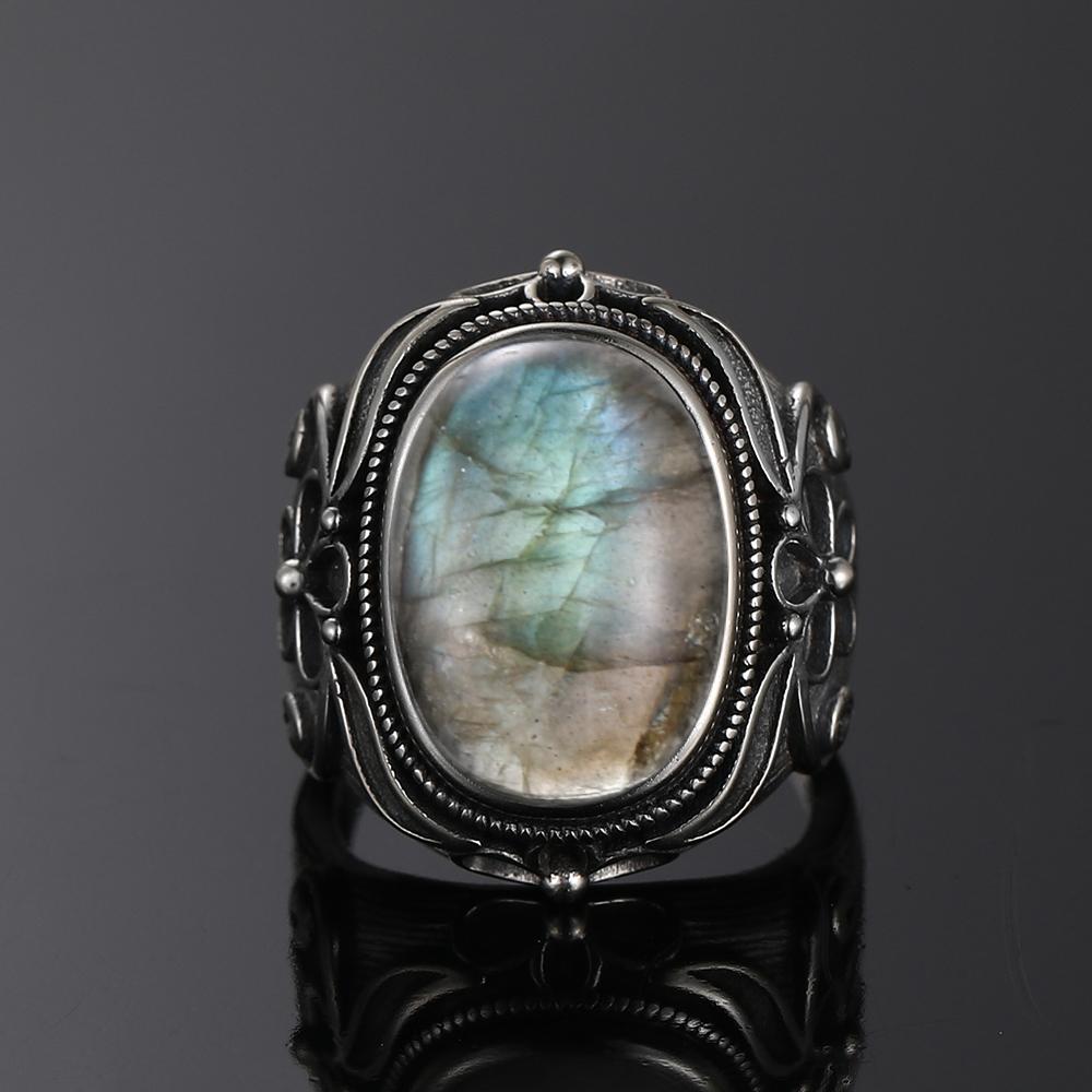 CopperRing for Women Oval Round Natural Labradorite Ring Gift Sun Shaped Retro Luxury Fine Jewelry