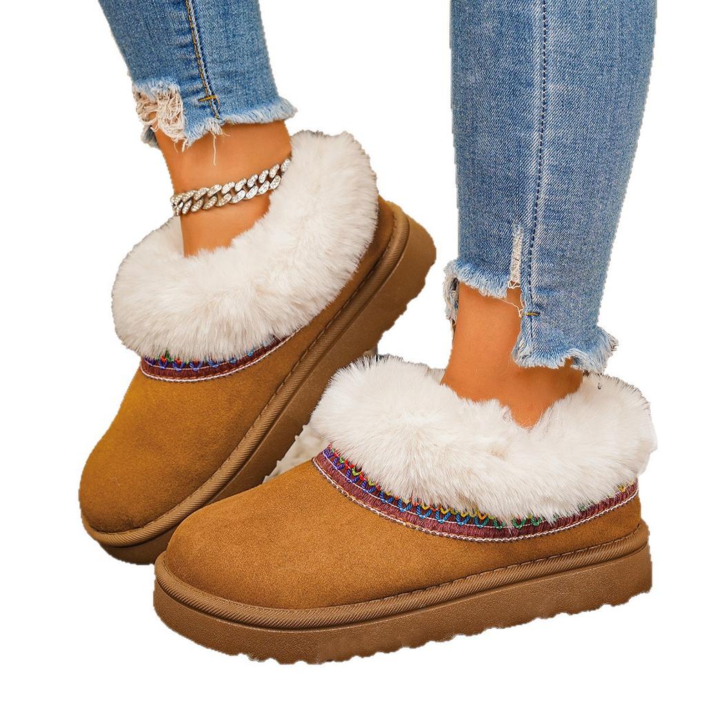 Autumn and winter new round head flat bottom velvet fashionable and comfortable fluffy one-pedal snow boots cotton shoes women