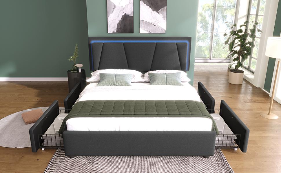 Upholstered Bed with LED Lighting and 4 Drawers, Height-Adjustable Headboard, Double 140x200cm Storage Frame, Slatted Frame, Grey (Without Mattress)