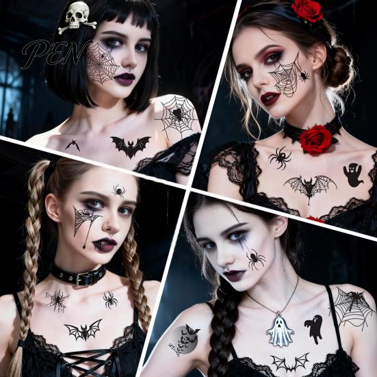Spooky Bat Pattern Stickers 4Pcs Halloween Spider Tattoo Stickers, 3D Realistic Temporary Body Art Easy To Apply Makeup for Party, Waterproof Fake Web