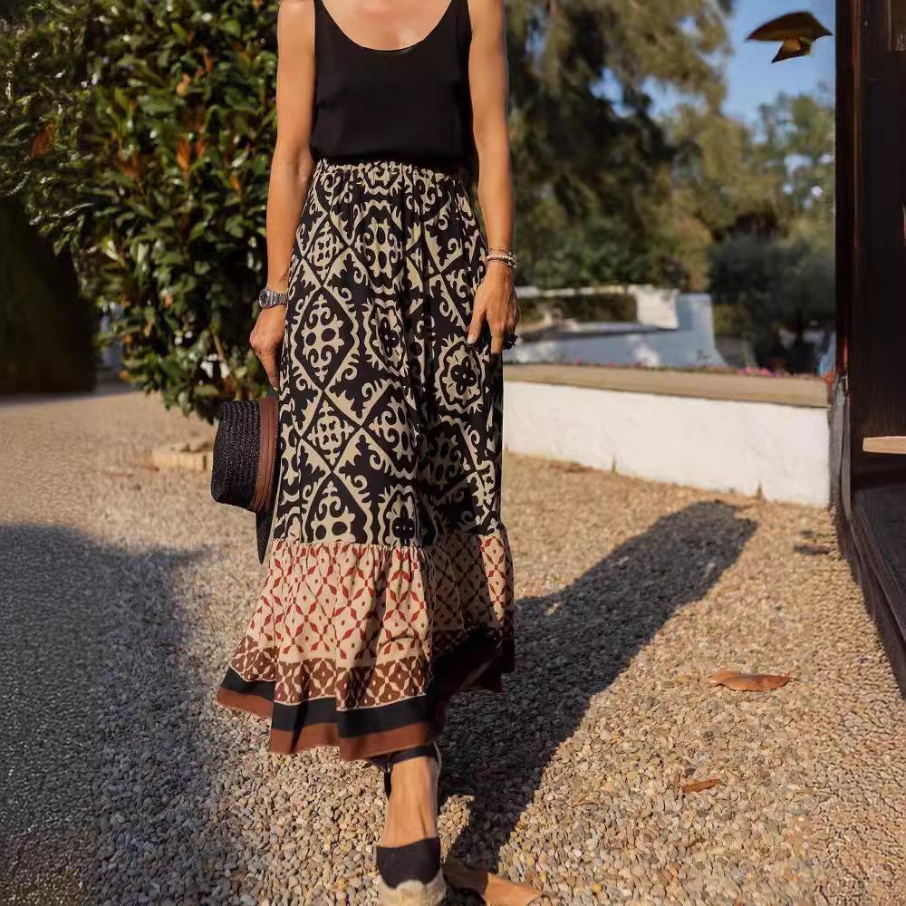 2024 Summer Women's European & American Loose Patchwork Print Maxi Skirt