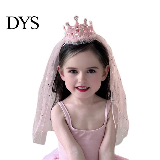 Imitation Pearl Headband Girl Crown with Sequins Pearls Princess-Style Baby Mesh Veil Toddler Princess Headpiece Photo Accessory
