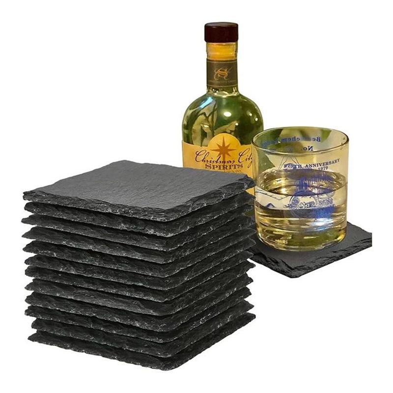 Pack of 8 Slate Coasters with Metal Holder,4 Inch Black Slate Stone Coasters,engraving with Anti-scratch for Drinks,coffee, Bar