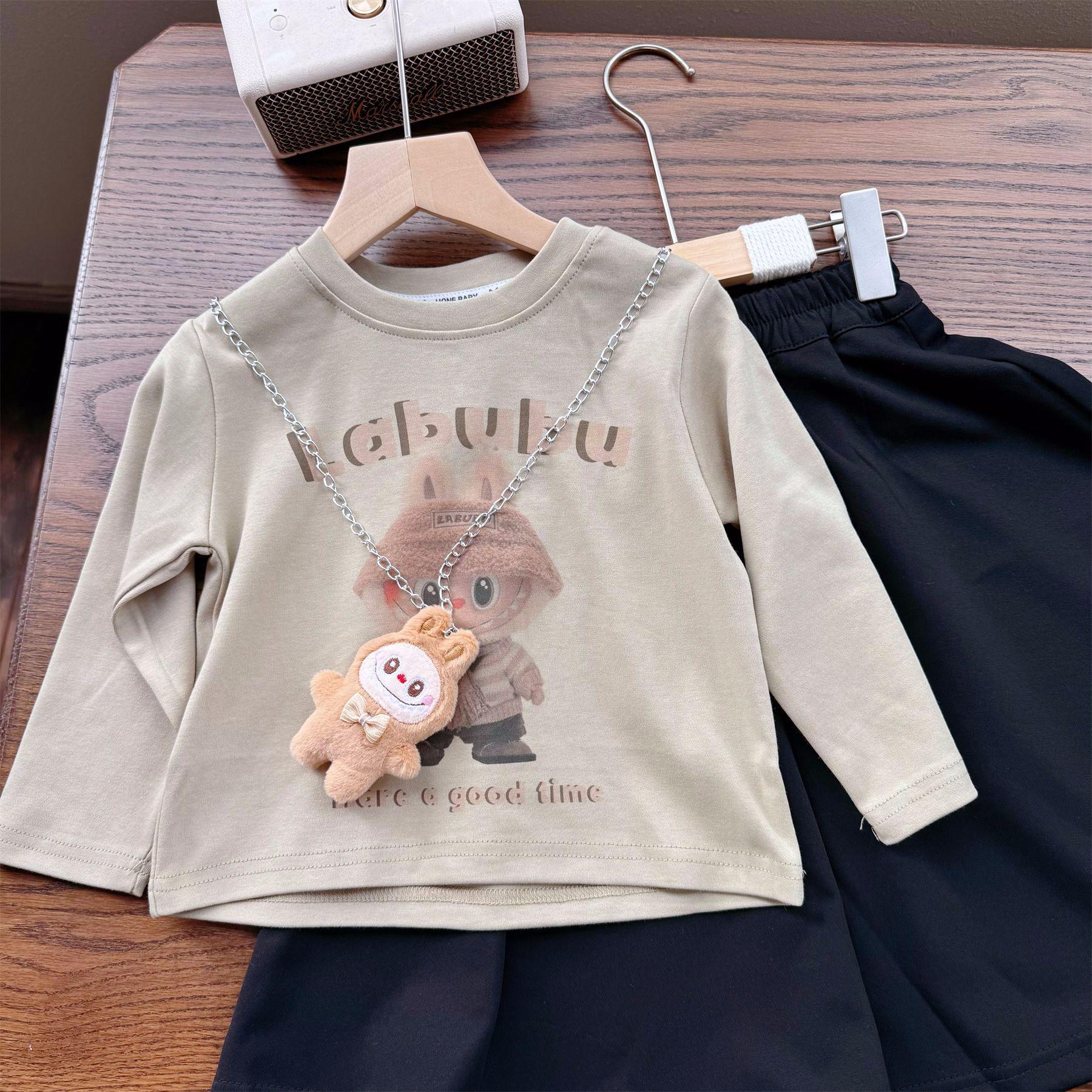 

2025 Осень Корейский Детский Комплект Футболка с Длинным Рукавом и Юбка с Мультяшным Принтом - Модный Повседневный Наряд-Двойка для Девочек 100cm хаки