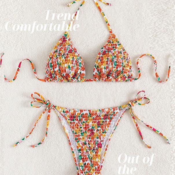 Floral Triangle Cup Three-Piece Swimsuit - Sexy Tie-Up Bikini Set In Stock