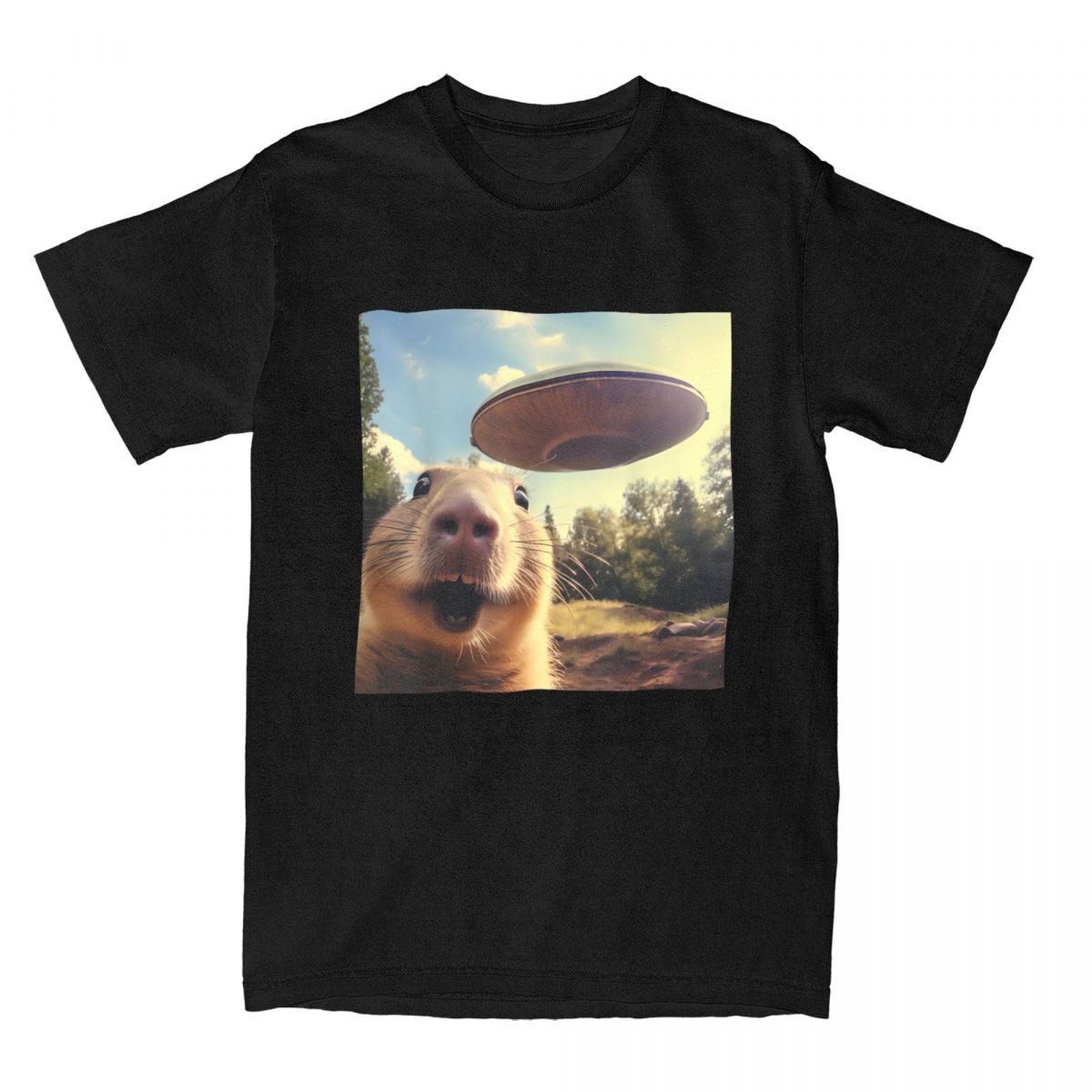 Hipster Capybara Selfie With UFOs Weird TShirt for Unisex Pure Cotton T Shirts Funny Graphic Space Ships Tees Gift Idea Clothes S