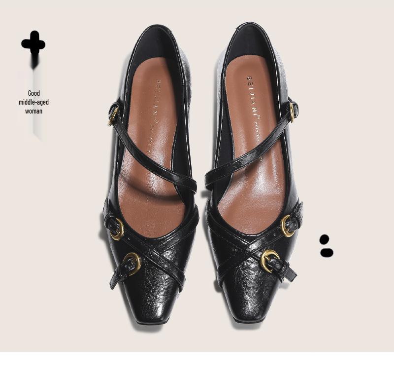 Beijiani Women's Cross-Buckle Sheepskin Mary Jane Square-Toe Flats