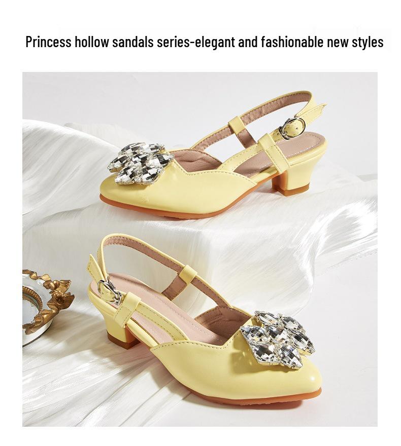 2025 Summer Rhinestone Buckle Girls' High Heels: Pointed Toe, Open Back, Fashionable Sandals
