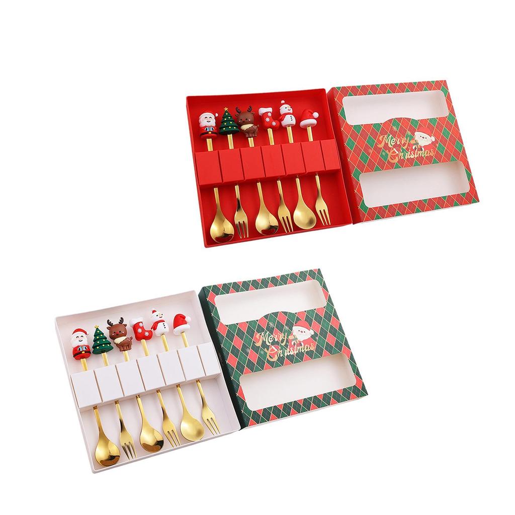 6Pcs Christmas Coffee Spoons Forks Set Cutlery for Stirring Sugar Home