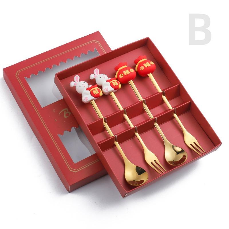 HANYANG Set de tacâmuri cu lingură cadou de Anul Nou Linguriță de cafea Furculiță cu fructe Set lingură mică