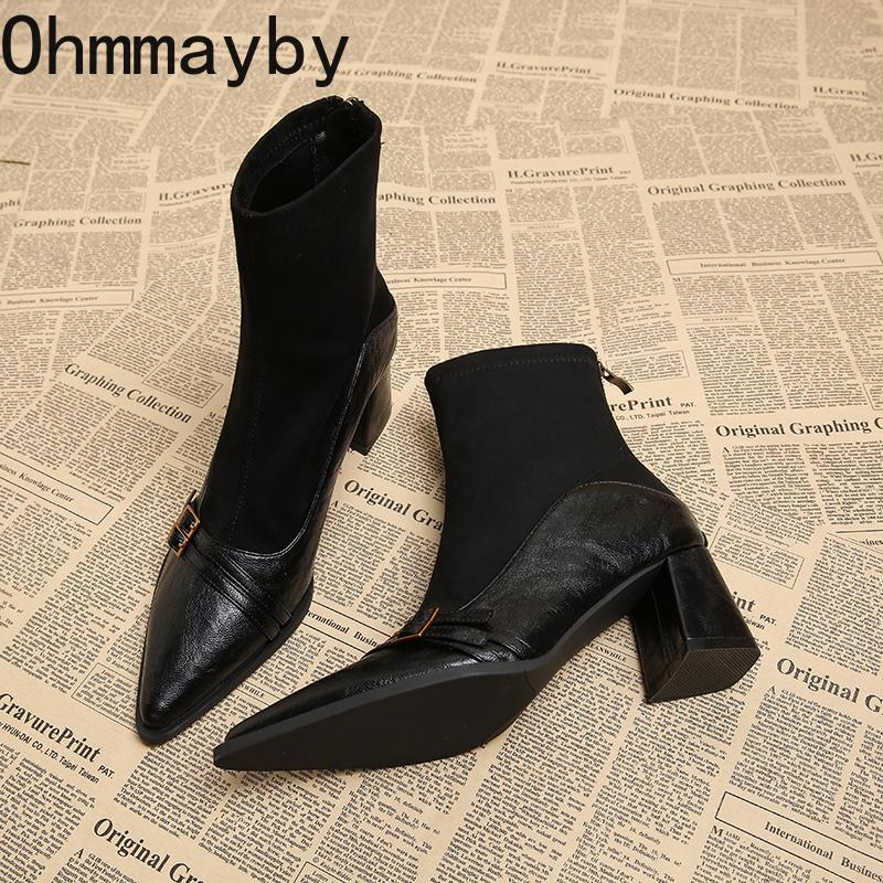 Autumn Winter Women High Heel Ankle Boots Elegant Back Zippers Shoes Modern Leather Suede Splicing Short Botas Para Mujer