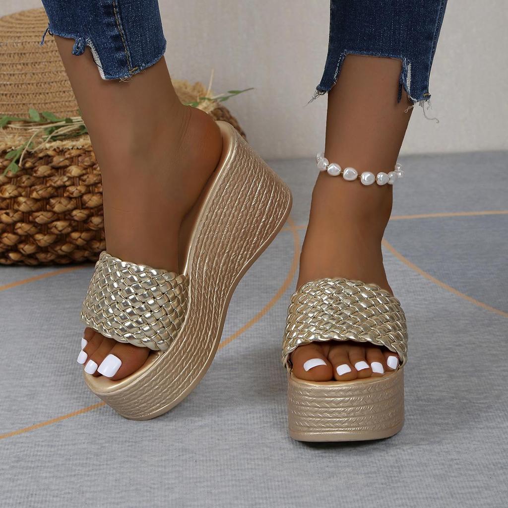Keilabsatz-Slipper für Damen, Plateausandalen, Damen, Sommer, klobig, golden, runder Kopf, dicke Sohle, Strandschuhe