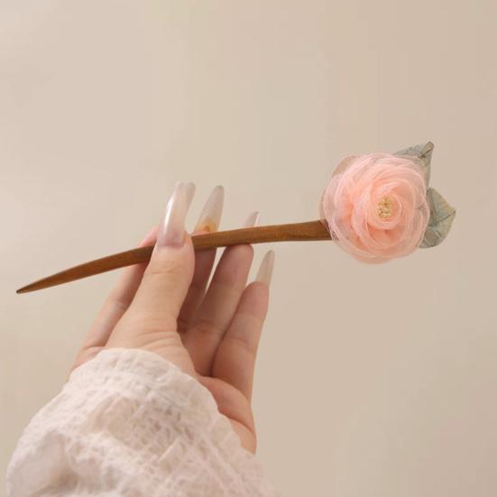 Hair Stick 3D Mesh Yarn Rose Flower Decor Bun Hair Stick Easy to Wear Hair Organizer Clip Hair Styling Accessory