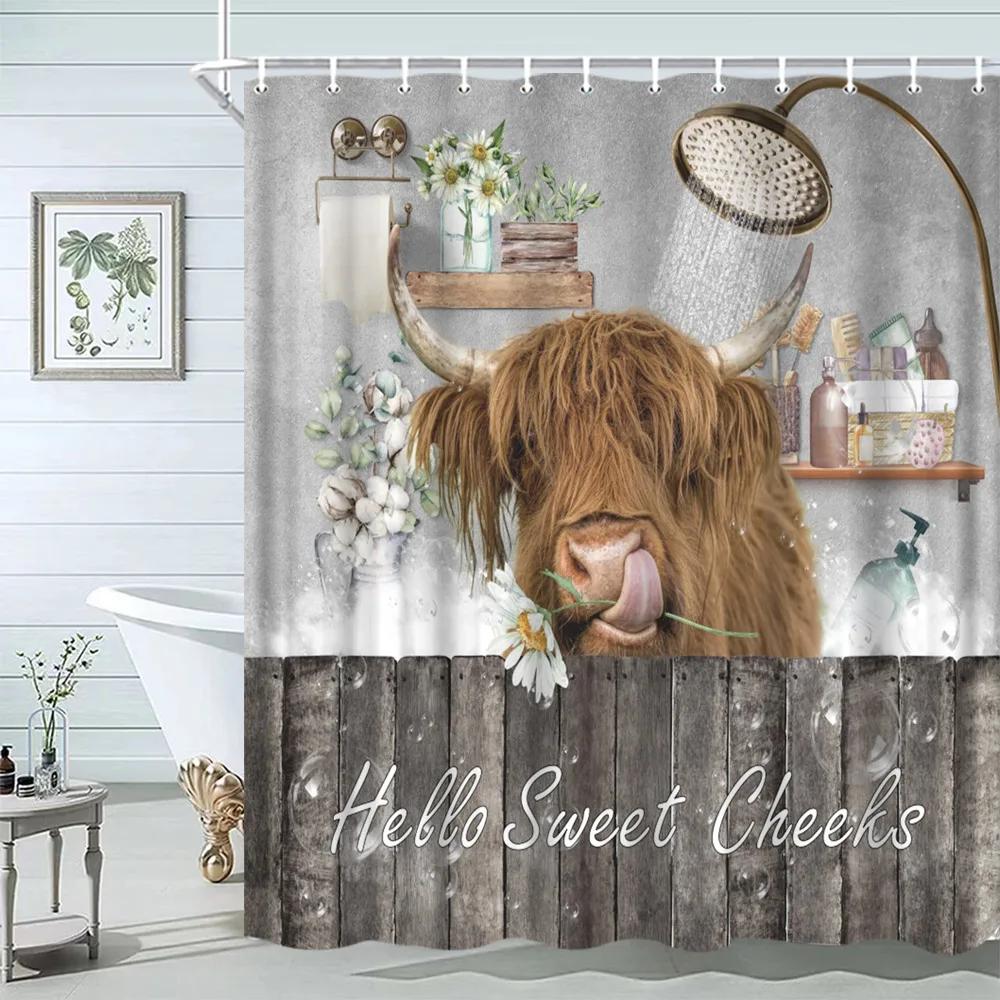 Funny Highland Bull Shower Curtains Set Western Bull Portrait Brown Wood Panel Rustic Landscape Barn Bath Curtain Bathroom Decor