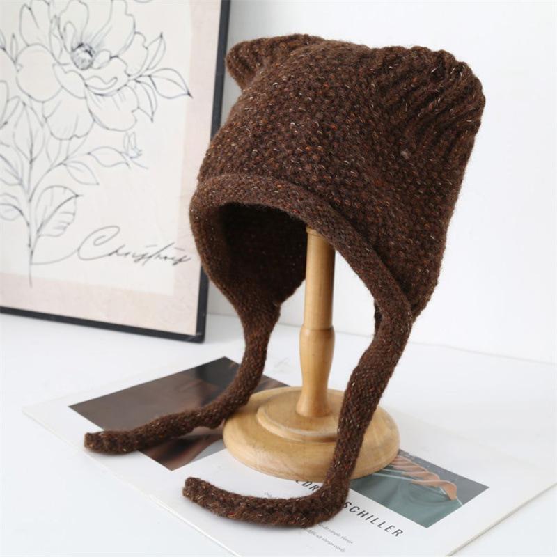 Winter new women's ear protectors headgear warm lace-up Lei Feng hat student solid color simple knitted hat