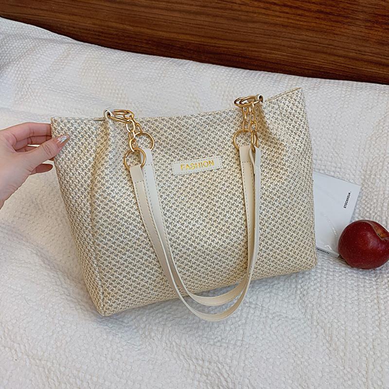 Trendy Korean Simple Design Woven Tote Bag Fashionable Beige And Khaki Options