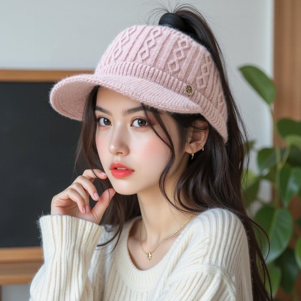 with Ear Flaps Winter Women's Hat Knitted Open-Top Ponytail Hat M Letter Baseball Cap  Teenage