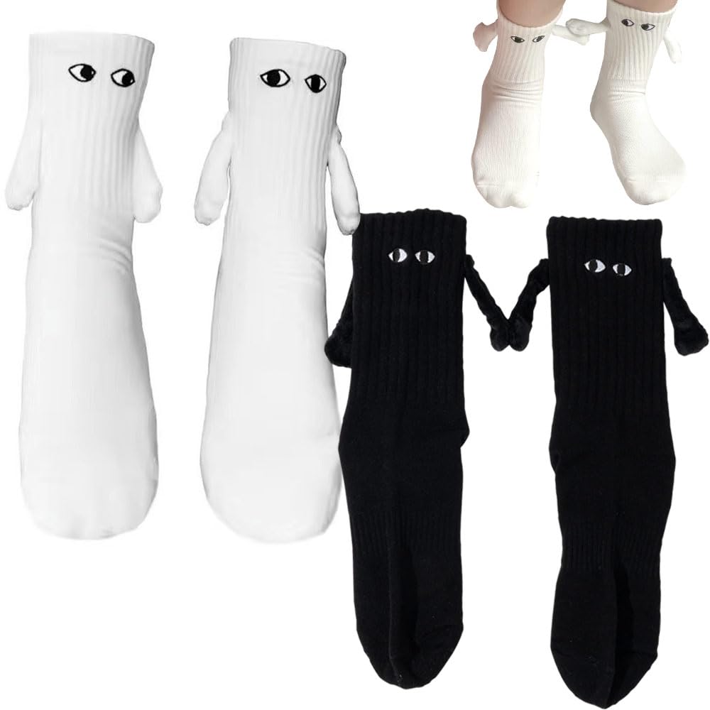 Moin Moin Ankle Socks with Faces and Holding Set of 2 Animal Couple White and Cold 2401scs4 Hands, Eyes, Magnetic, Fun, Black, Ribbed, Stretchy,