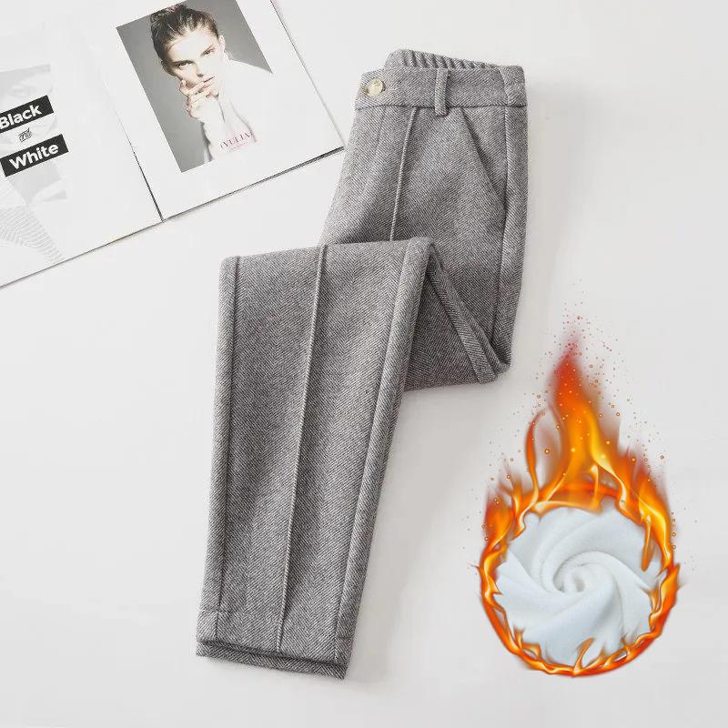 Pantaloni din amestec de lână cu talie înaltă, femei, iarna, căptușiți cu pluș, pantaloni harem, ocazional, calduri, până la gleznă, de lână.