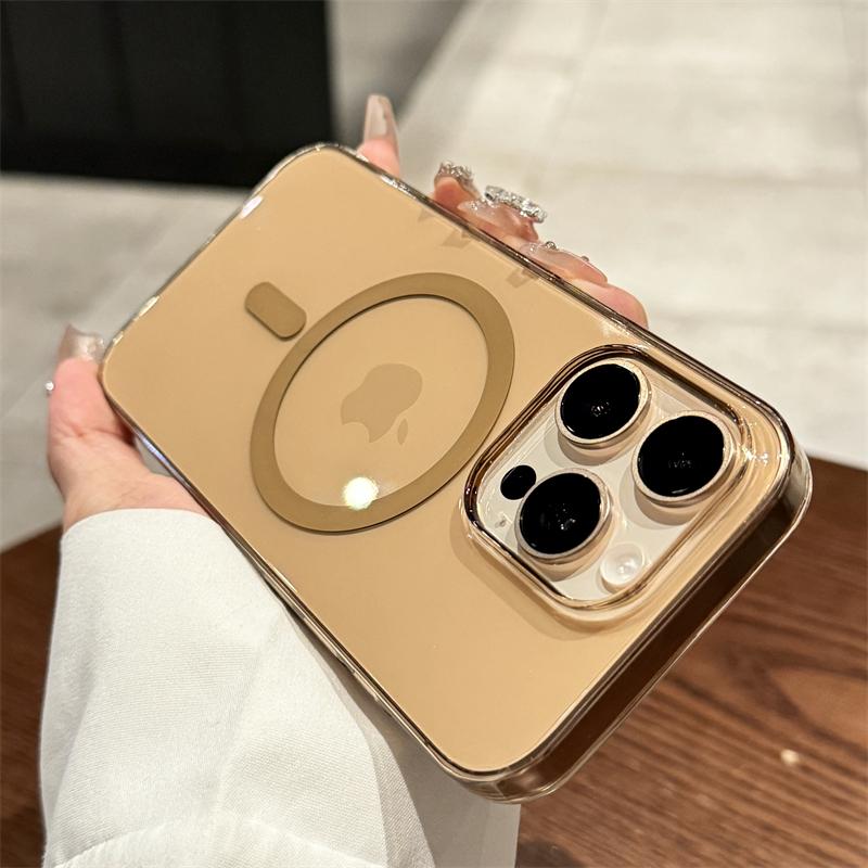 Luxury Gold Magsafe Transparent Case For iPhone 11 12 13 14 15 16 Pro Max Plus Magnetic Wireless Charge Shockproof PC Hard Cover