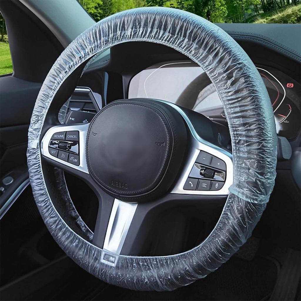 100PCS Disposable Car Steering Wheel Covers, Transparent Vehicle Protector With Elastic Trim, Flexible Clear Steering Wheel Protection Cover,