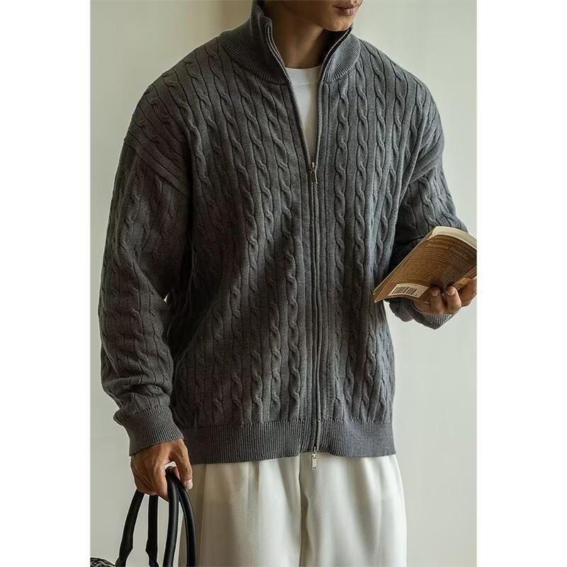 Mens Cable Knit Zipper Cardigan Stand Collar Sweater Fall Casual Vintage Style