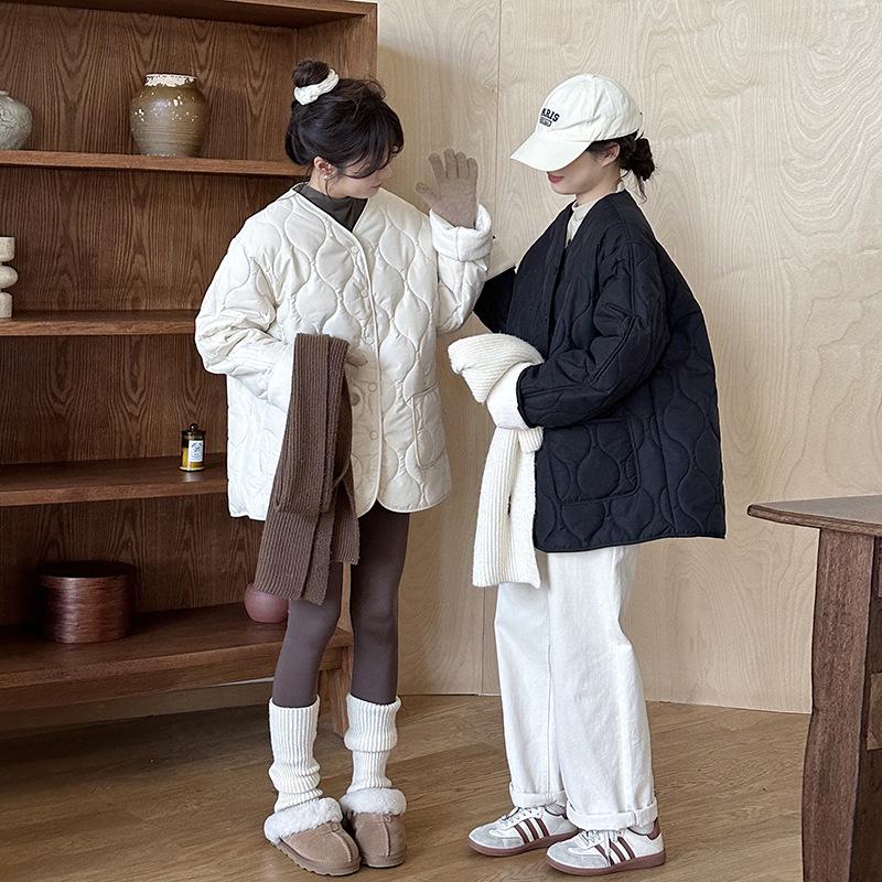 Bomullsjacka för dam i koreansk stil med diamantmönster, kraglös - Kort, sömlös, lättviktig för höst & vinter