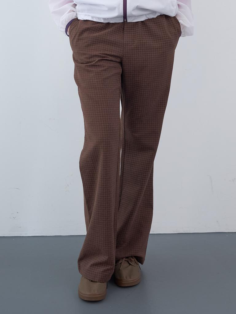 ENZO BLUES Matte Check Elastic Bootcut Pants (Brown)