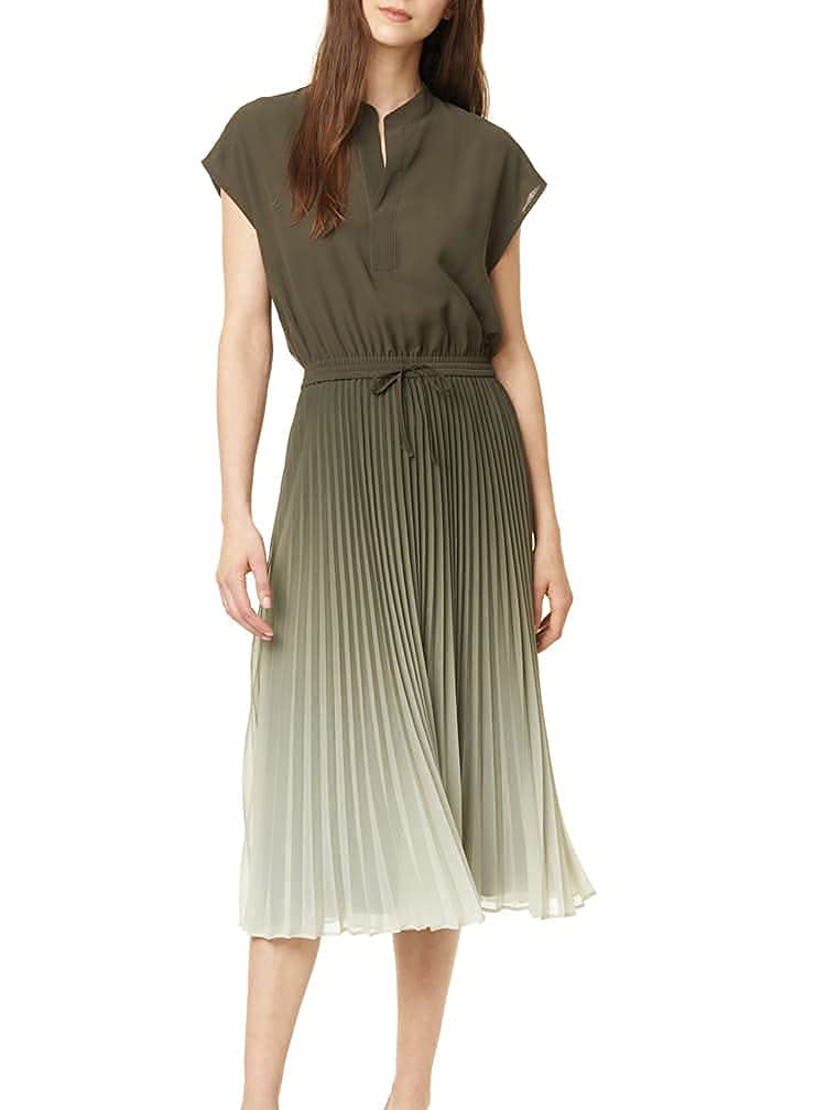 French Sleeve Pleated Casual Fashion Dress Gradient Elegant Short Sleeve Bow Tie Waist Midi Dress [JINJUDUO] Women s зелёный