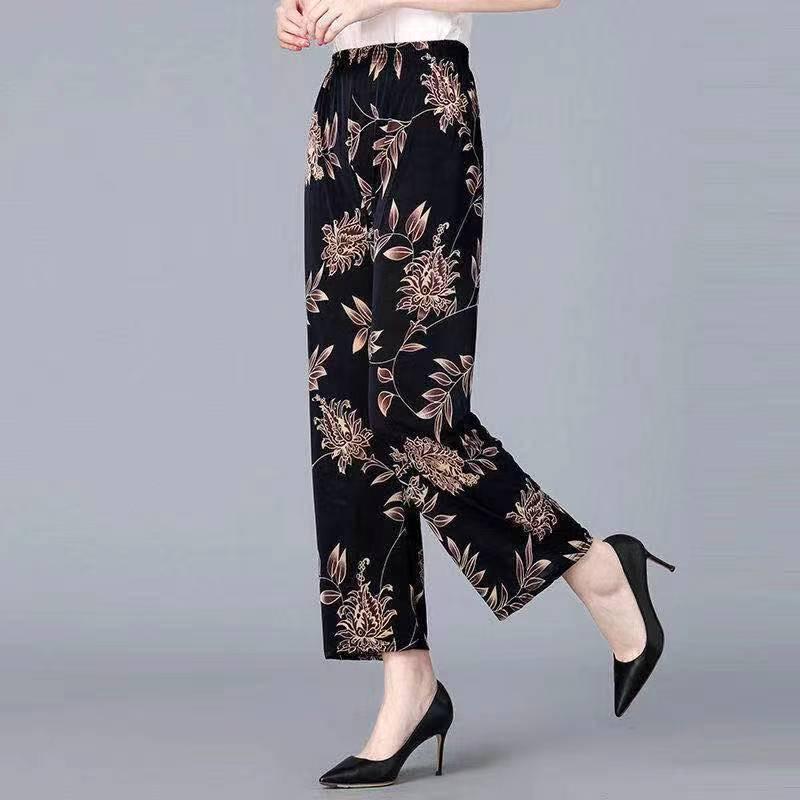 Chinese Summer Ice Silk High-Waist Floral Pants: Casual, Loose-Fit for Middle-Aged & Elderly Women