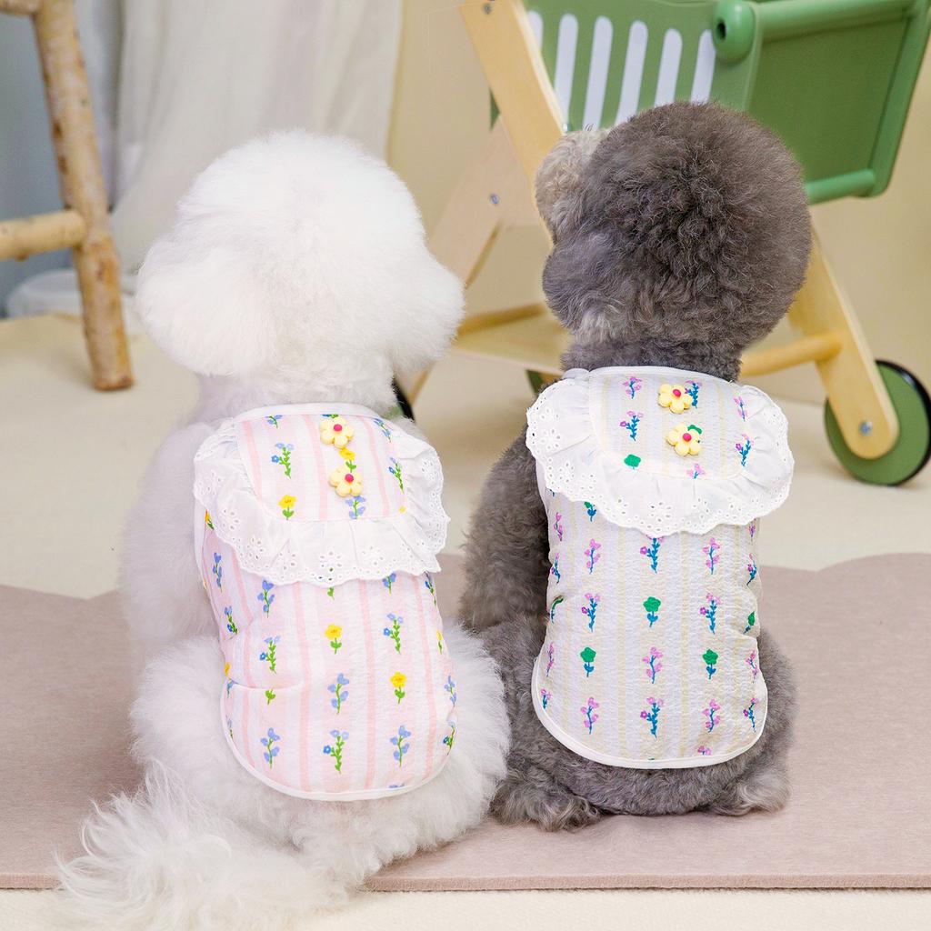 Pet dog summer new pastoral cute little fresh cherry lace suspender teddy bear small dog clothing