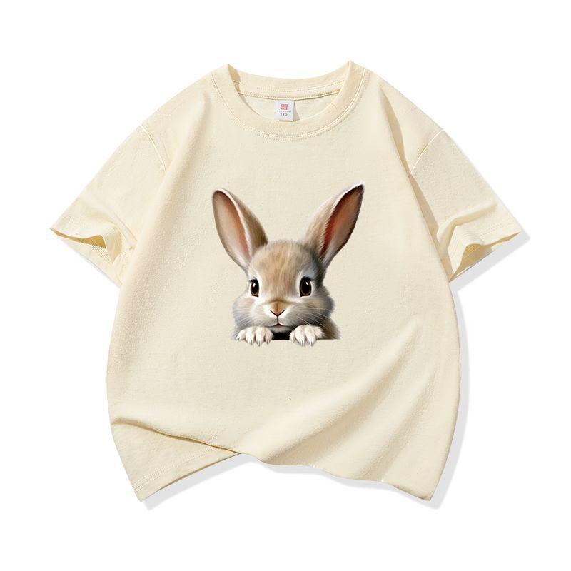 Kids Cotton T Shirt Cute Peeking Rabbit Print Crew Neck Short Sleeve Tee Casual Breathable Boys Girls Summer Tops