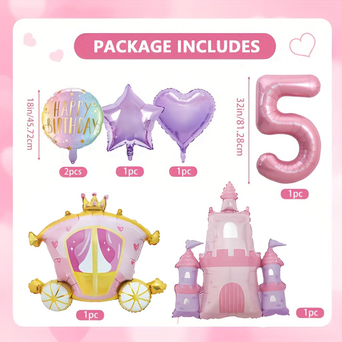 7pcs Castle Princess Balloon Set, 32inch pink number balloon, castle and carriage balloon, princess themed birthday party decor Other