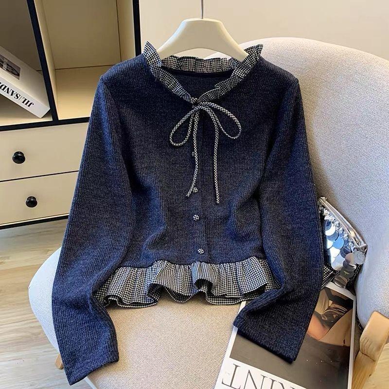 women checkered ruffle trim knit top round neck long sleeve bow tie casual fitted sweater S