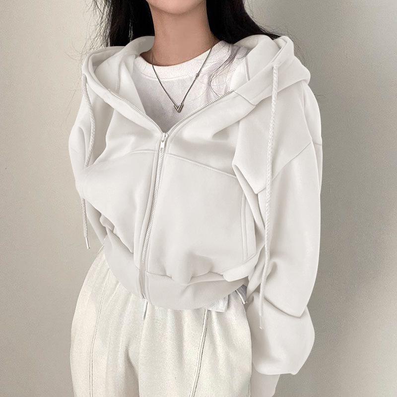 "2024 Autumn/Winter Women's Velvet Hooded Zipper Sweatshirt - Fashionable, Warm, Solid Color"
