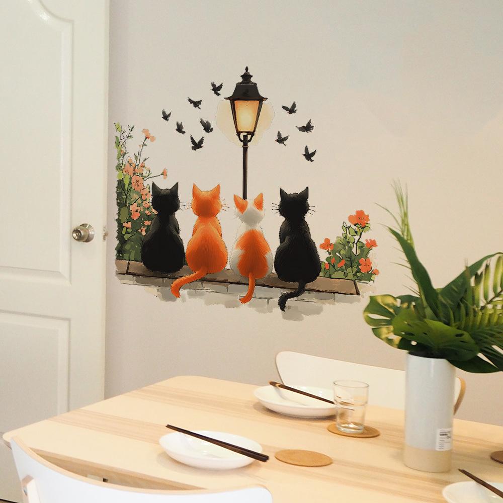 Creative Cats Street Lamp Flowers Wall Sticker Home Decor Decal for Living Room Bedroom Background Posters DIY Mural
